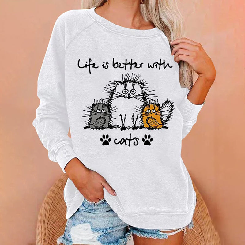 "Life Is Better With Cats" Printed Casual Sweatshirt