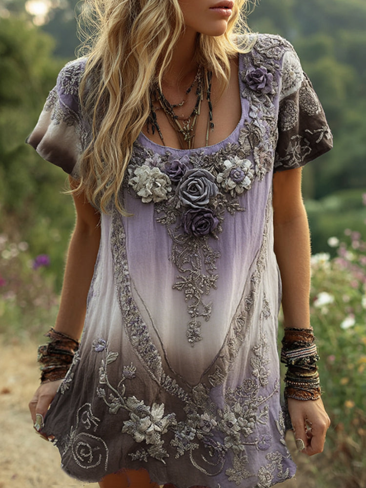 Classy Purple Lavender And Floral Embroidered Linen Short Sleeve T-shirt