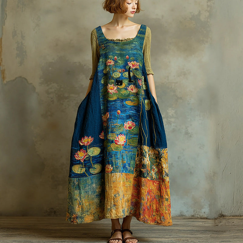 Women's Vintage Oil Painting Water Lily And Black Cat Art Print Sleeveless Midi Dress