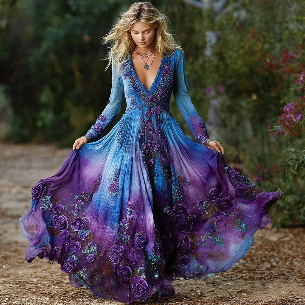 Women's Vintage Purple Rose Art Pattern Gradient Long Sleeve Dress