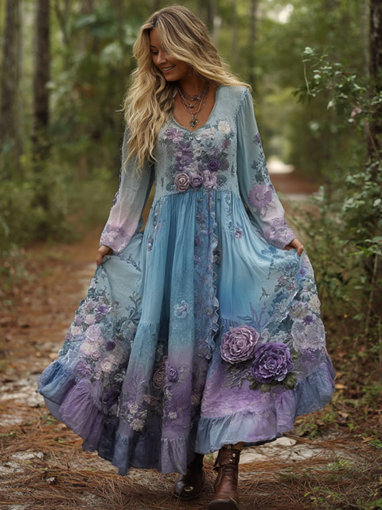 Vintage Classy Gradient Purple Lavender And Floral Embroidered Maxi Dress