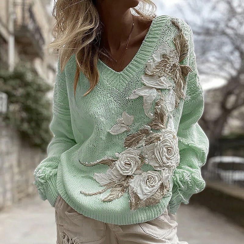 Women's White Rose Knitted Warm V-neck Sweater