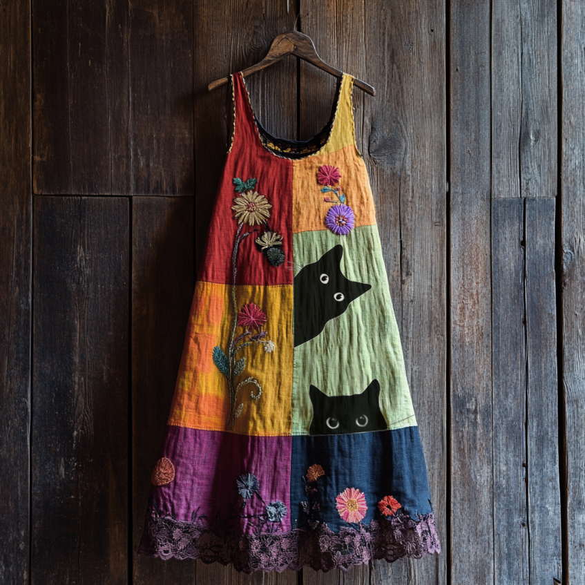 Vintage Abstract Creative Cute Black Cat With Floral Patchwork Art Linen Tank Dress