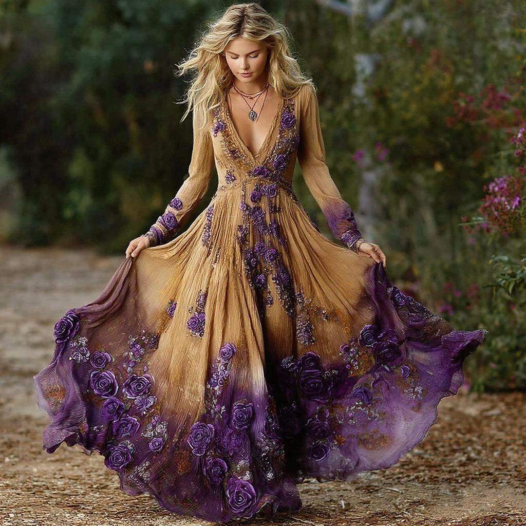 Women's Vintage Purple Rose Art Pattern Gradient Long Sleeve Dress