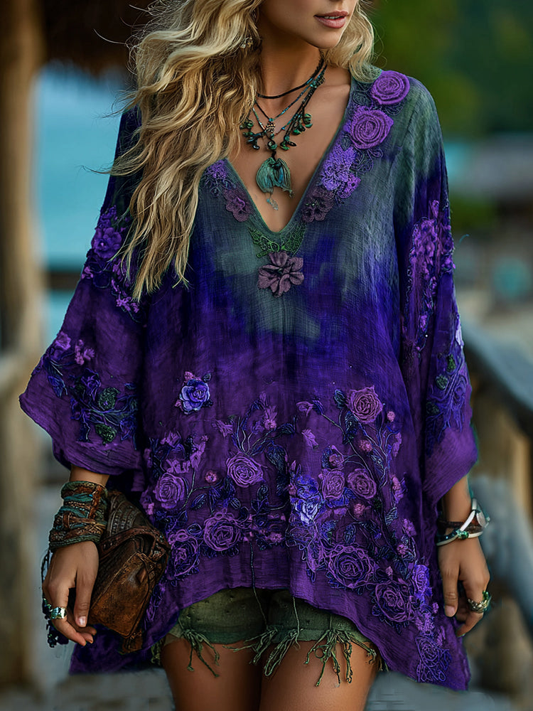 Vintage Classy Gradient Blue Rose And Floral Embroidered Pattern V Neck Long Sleeve Shirt
