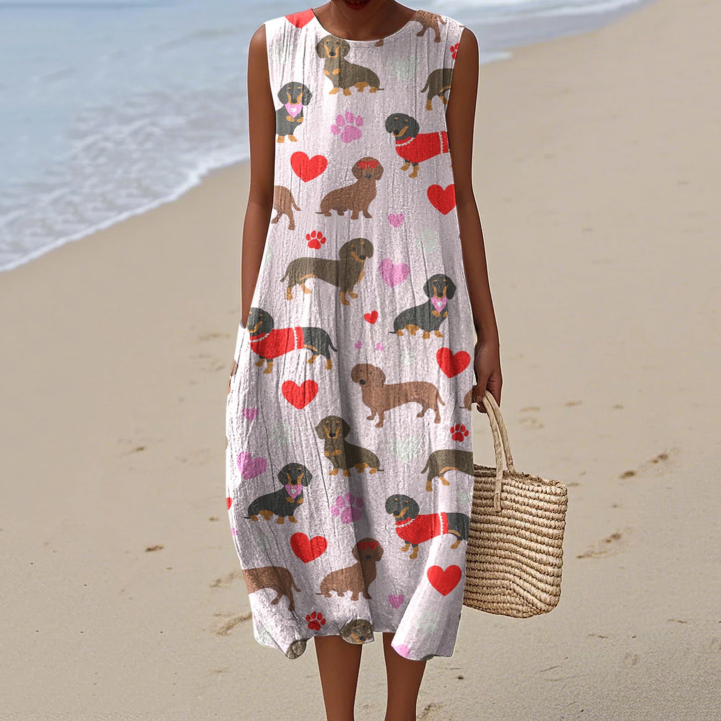 Vintage Cute Dachshund Art Print Linen Sleeveless Dress