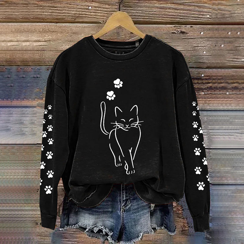 Cute Cat Print Crew Neck Sweatshirt