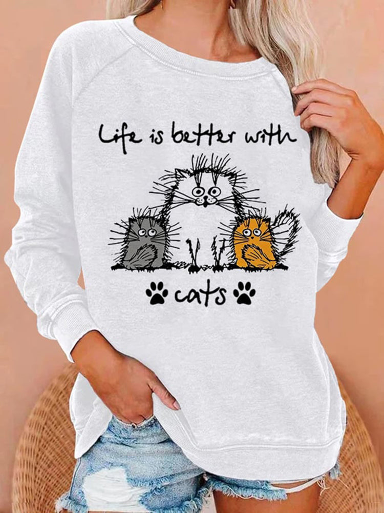 "Life Is Better With Cats" Printed Casual Sweatshirt