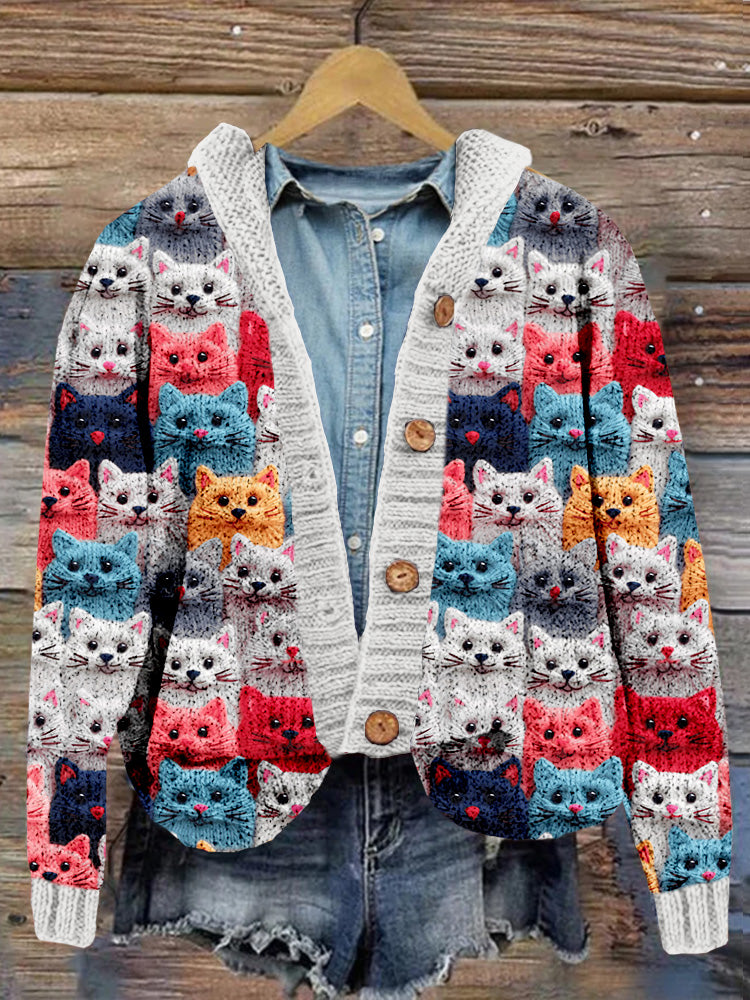 Colorful Cute Cats Embroidered Cozy Hooded Cardigan