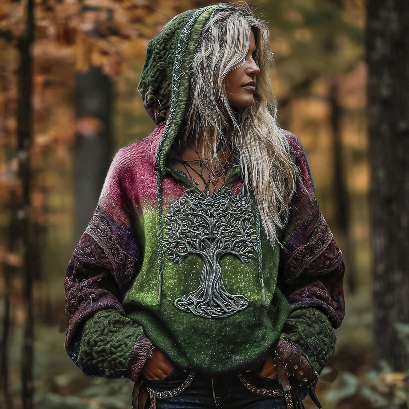Women's Viking Life Of Tree Art Knitted Warm Hooded Sweater