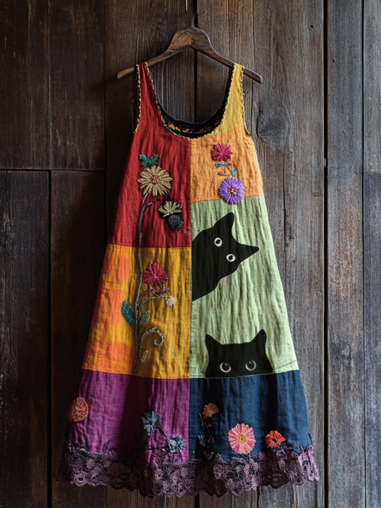 Vintage Abstract Creative Cute Black Cat With Floral Patchwork Art Linen Tank Dress