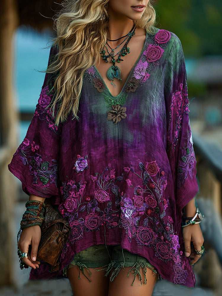 Vintage Classy Gradient Blue Rose And Floral Embroidered Pattern V Neck Long Sleeve Shirt