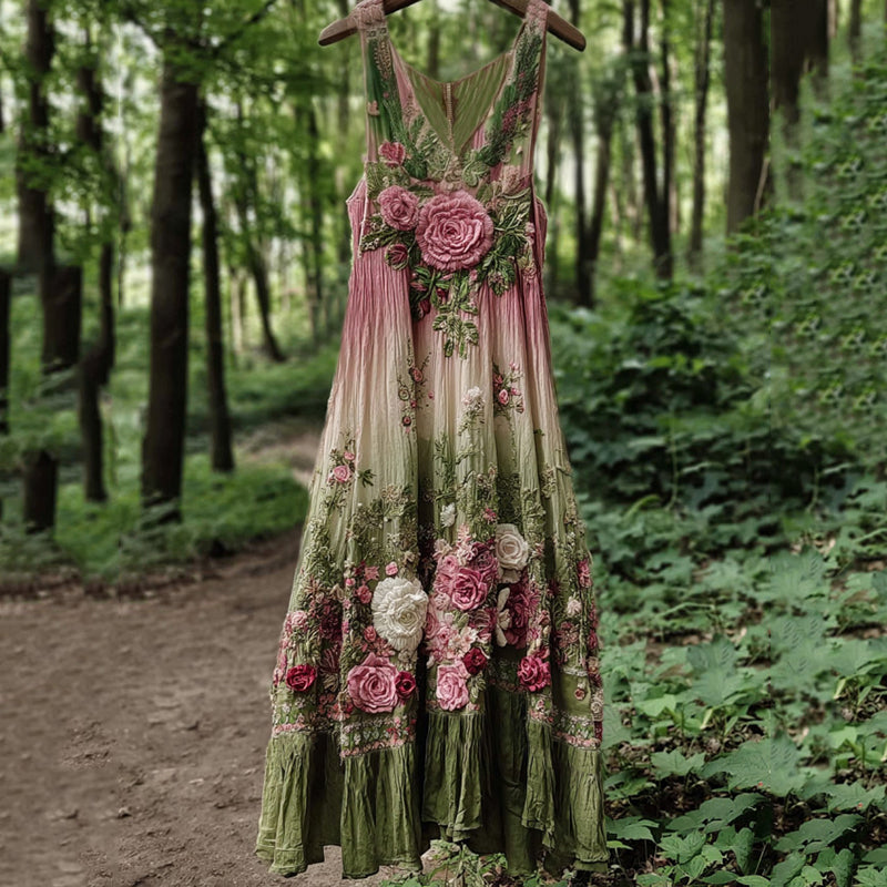 Vintage Classy Boho Gradient Pink Roses Embroidered Linen Maxi Dress