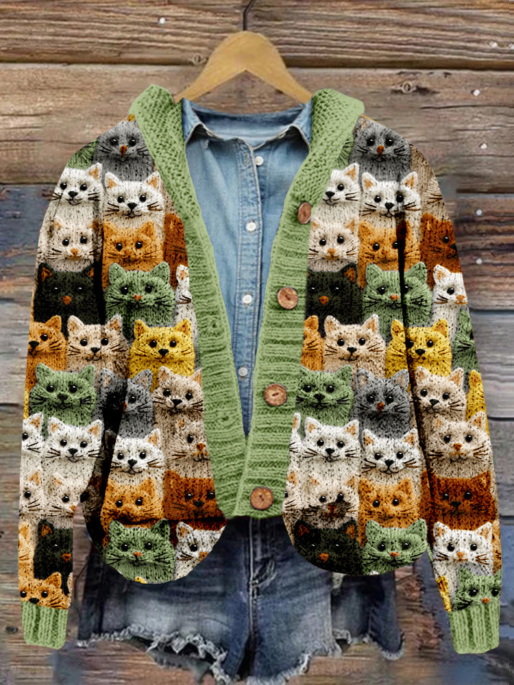 Colorful Cute Cats Embroidered Cozy Hooded Cardigan