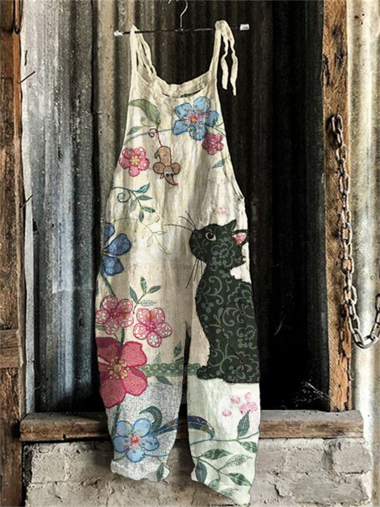 Cat In Nature Fiber Art Print Loose Jumpsuit