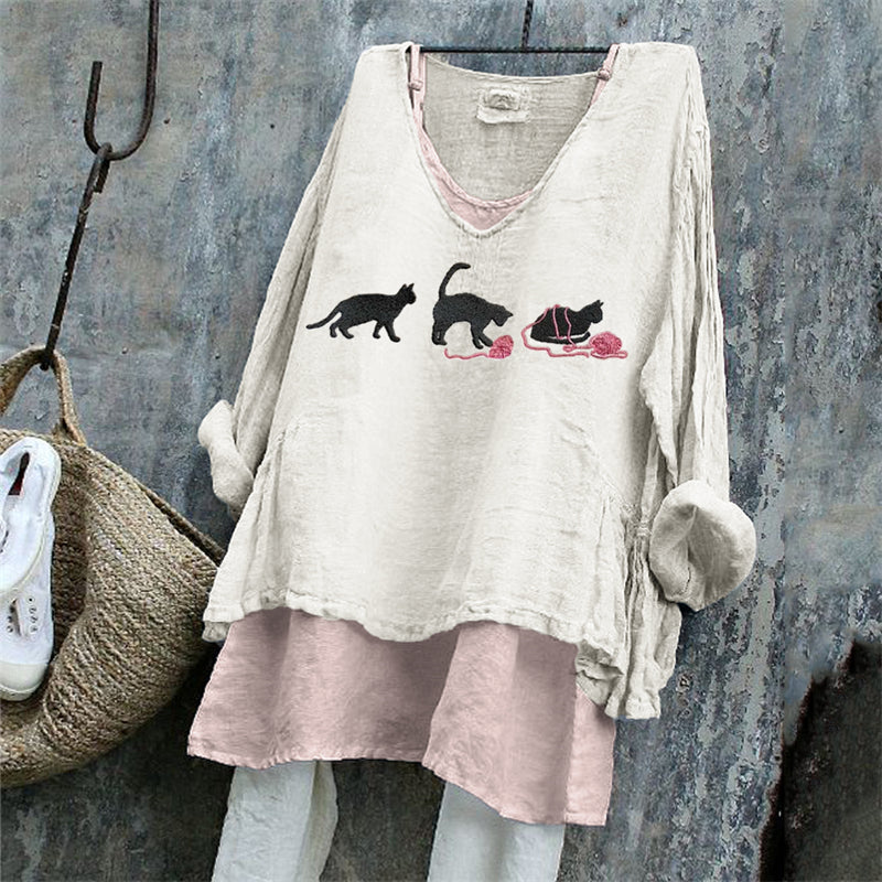Black Cats With Pink Yarn Balls Embroidered Linen Tunic