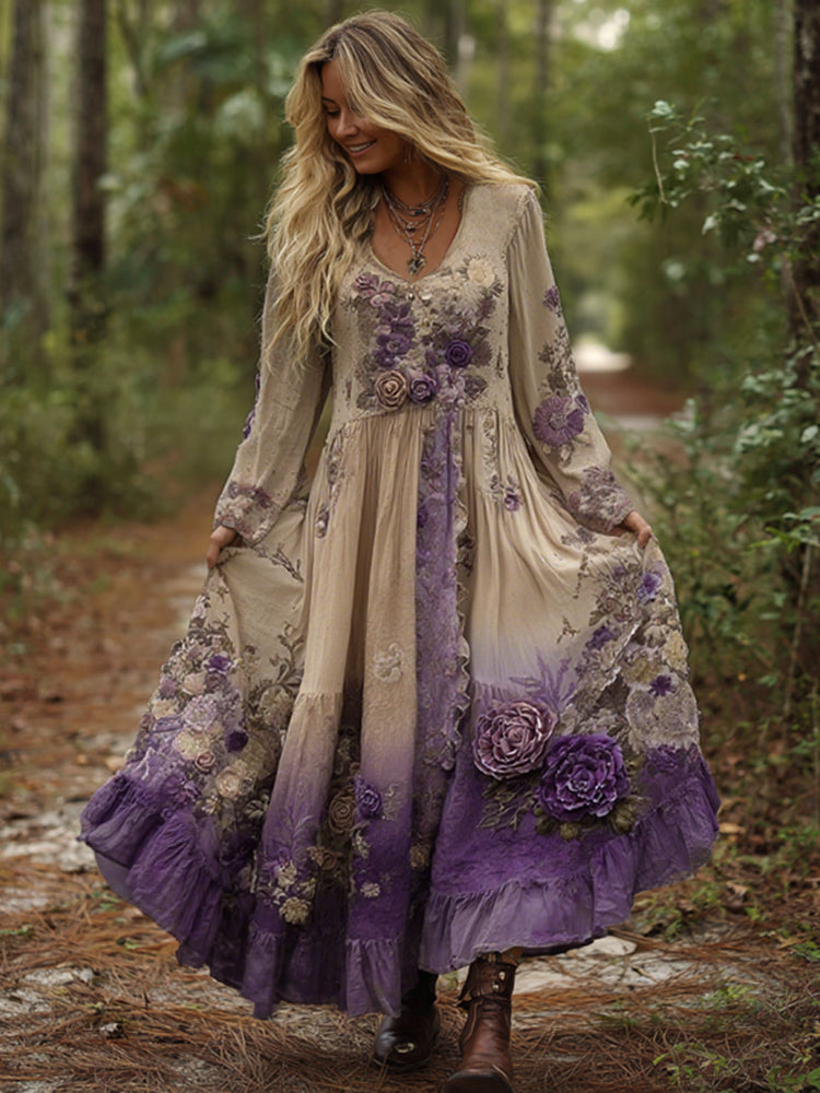 Vintage Classy Gradient Purple Lavender And Floral Embroidered Maxi Dress