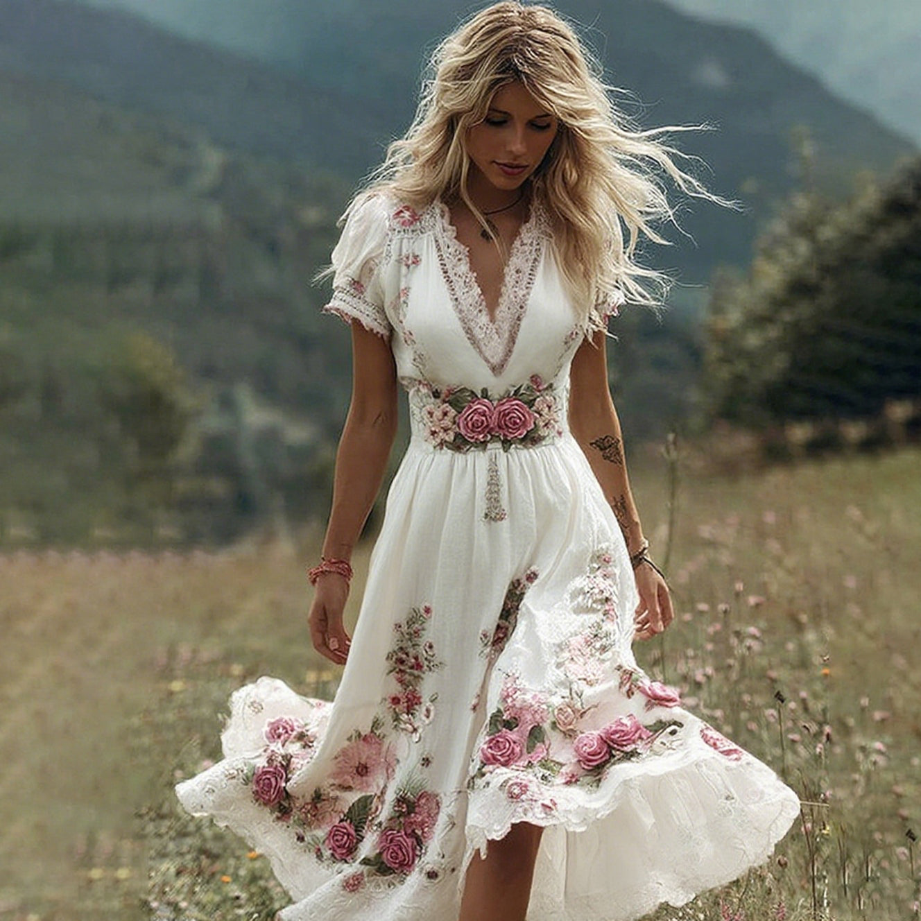 Women's Vintage Rose Embroidery Art Comfy Linen Maxi Dress