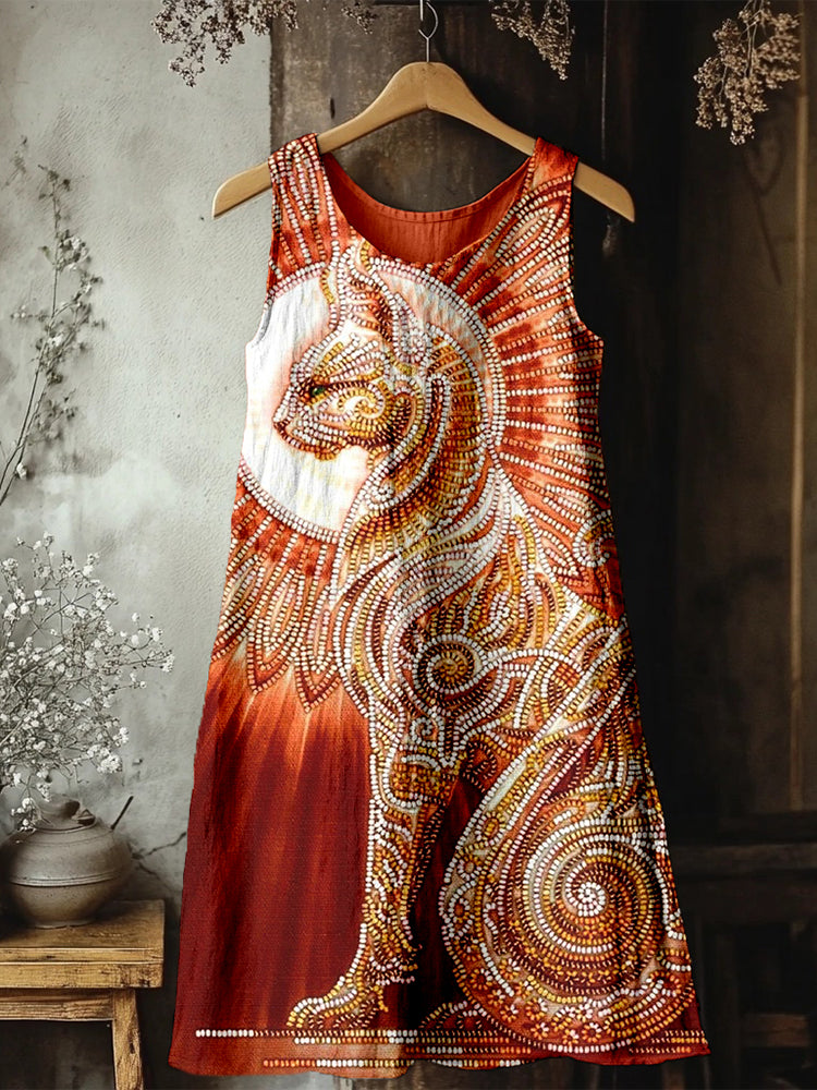 Egyptian Cat Goddess Bast Bead Embroidered Linen Midi Dress
