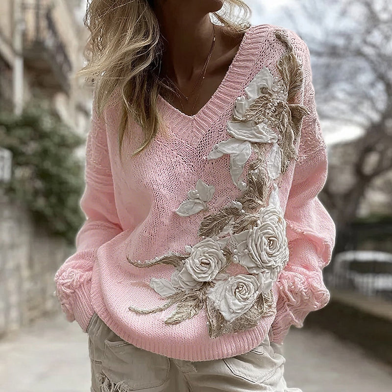 Women's White Rose Knitted Warm V-neck Sweater