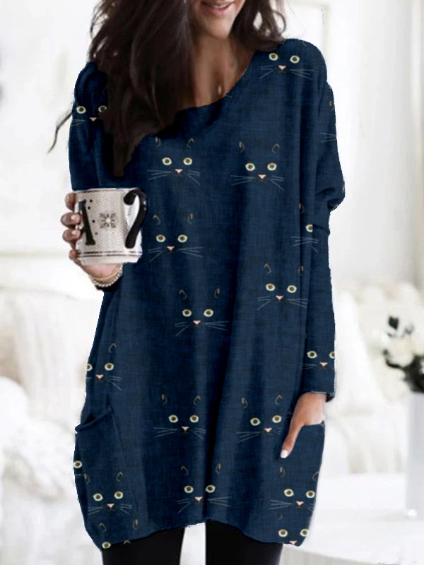 Cute Cat Face Pattern Patch Pocket Comfy Tunic