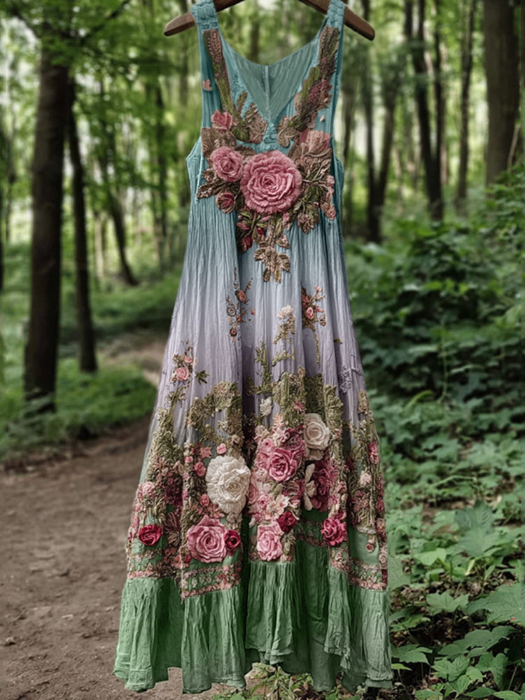 Vintage Classy Boho Gradient Pink Roses Embroidered Linen Maxi Dress