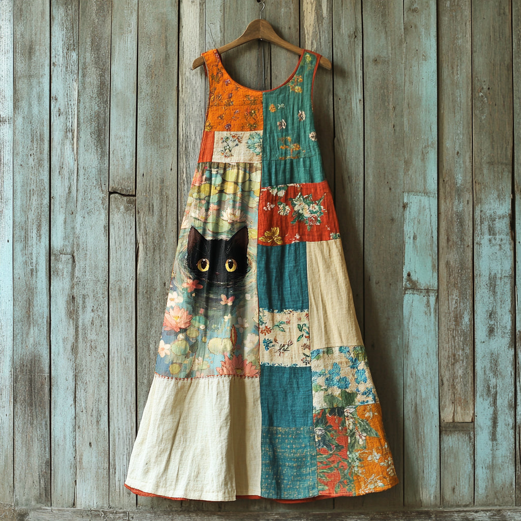 Women's Retro Cute Cat And Floral Patch Work Sleeveless Dress
