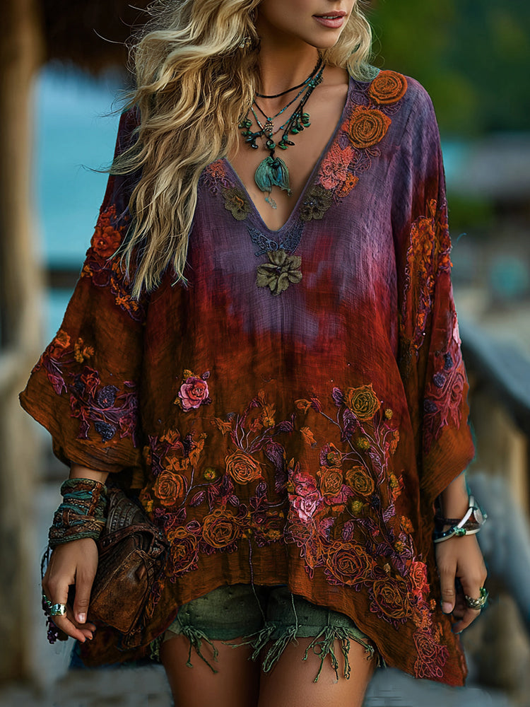 Vintage Classy Gradient Blue Rose And Floral Embroidered Pattern V Neck Long Sleeve Shirt