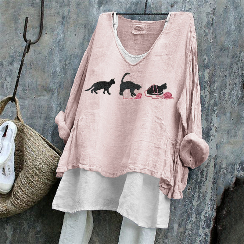 Black Cats With Pink Yarn Balls Embroidered Linen Tunic