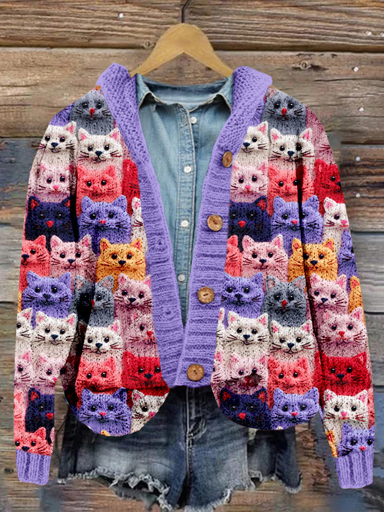 Colorful Cute Cats Embroidered Cozy Hooded Cardigan