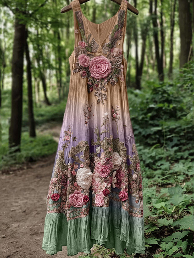 Vintage Classy Boho Gradient Pink Roses Embroidered Linen Maxi Dress