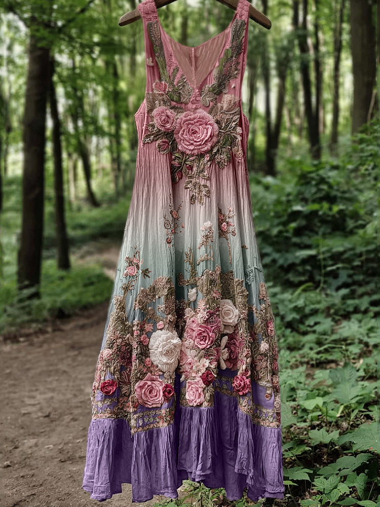 Vintage Classy Boho Gradient Pink Roses Embroidered Linen Maxi Dress