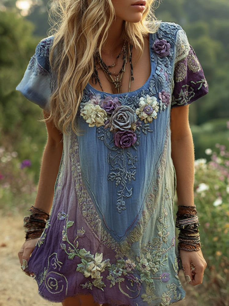 Classy Purple Lavender And Floral Embroidered Linen Short Sleeve T-shirt