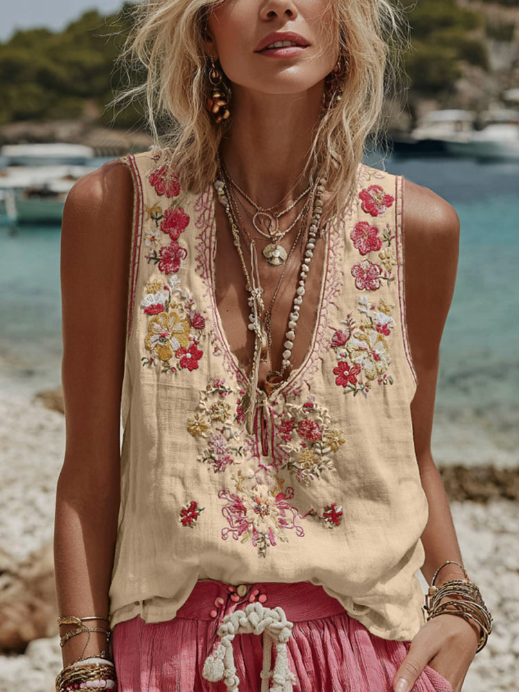 Women's Vintage Floral Embroidery Casual Sleeveless Top