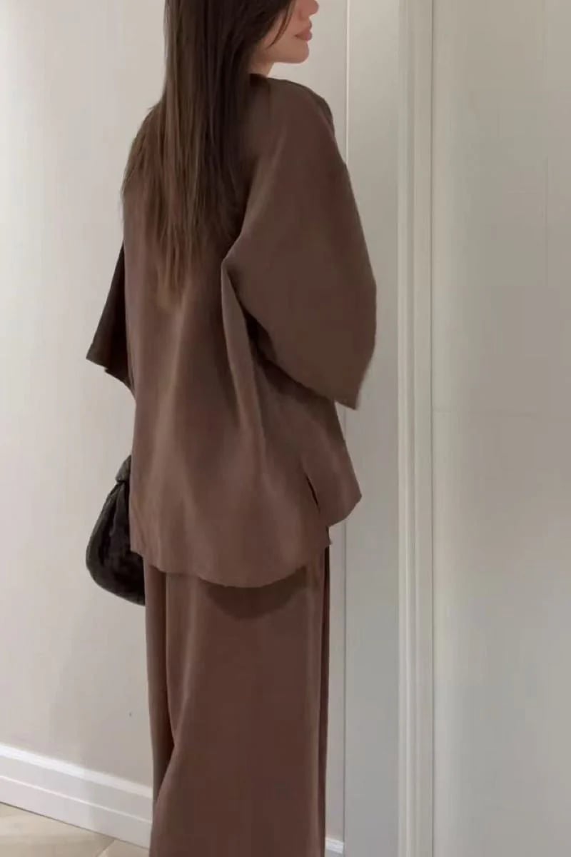 Women's V-neck button cotton and linen casual suit