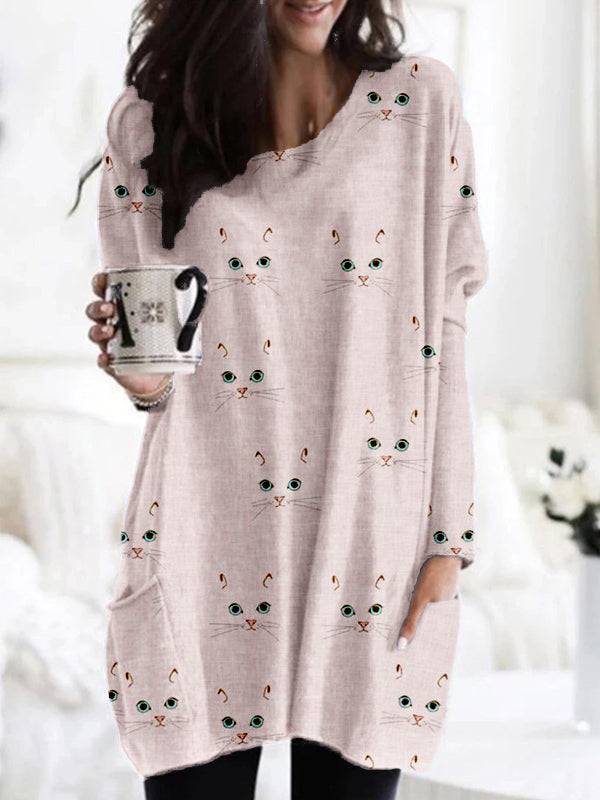 Cute Cat Face Pattern Patch Pocket Comfy Tunic
