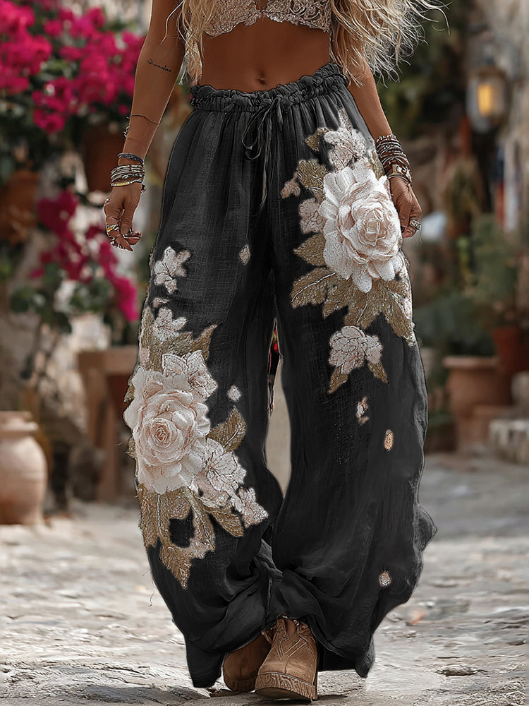 Women's Vintage Romantic White Rose Embroidery Art Comfy Linen Pants