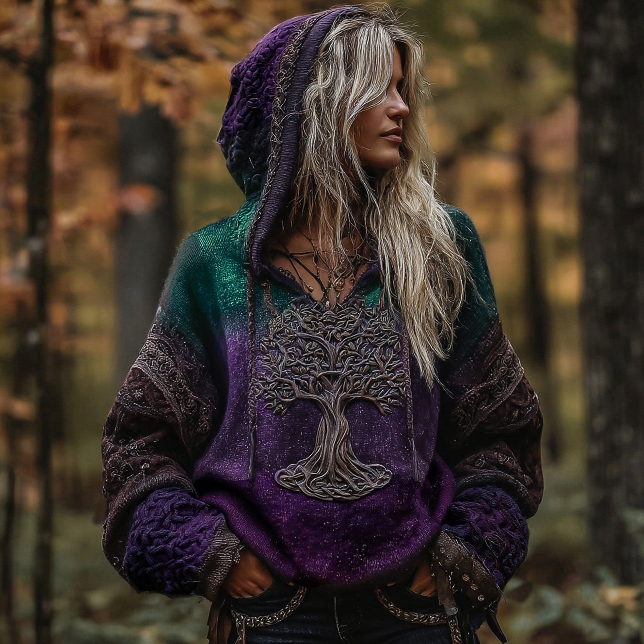Women's Viking Life Of Tree Art Knitted Warm Hooded Sweater