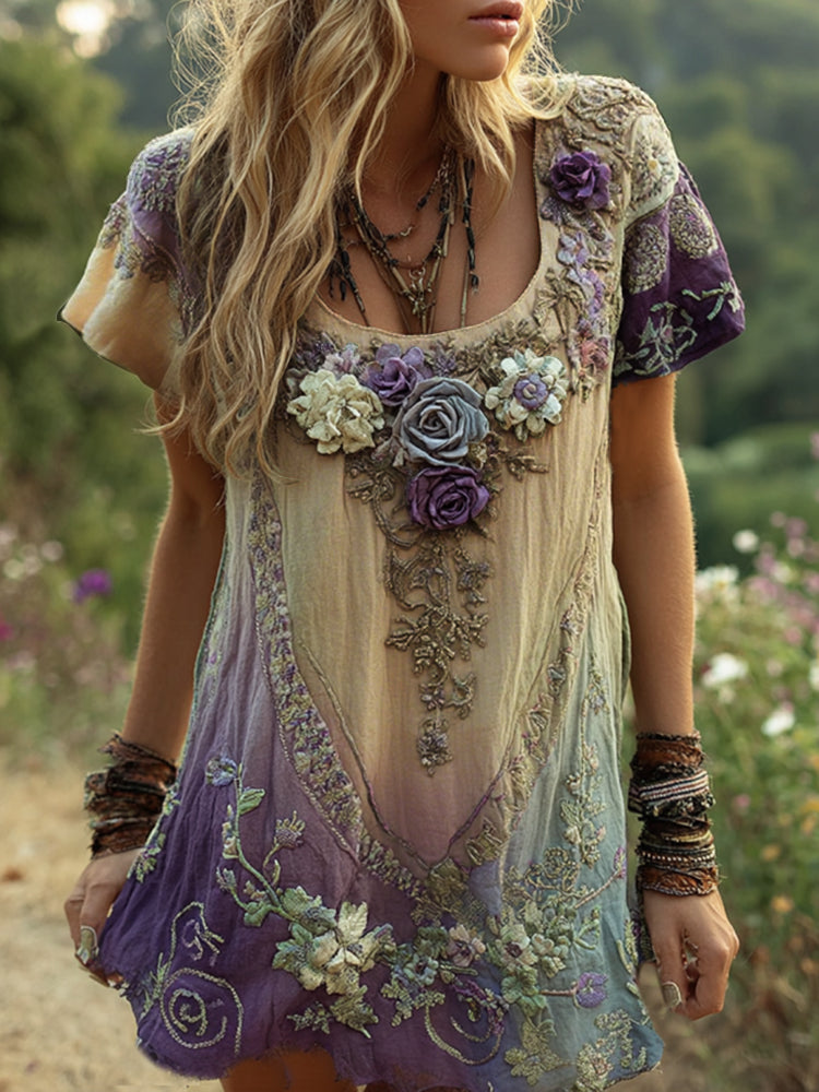 Classy Purple Lavender And Floral Embroidered Linen Short Sleeve T-shirt