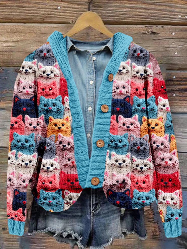 Colorful Cute Cats Embroidered Cozy Hooded Cardigan