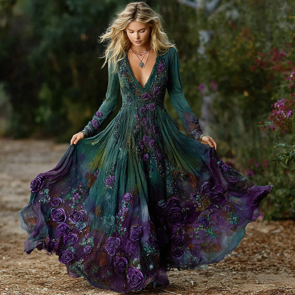 Women's Vintage Purple Rose Art Pattern Gradient Long Sleeve Dress