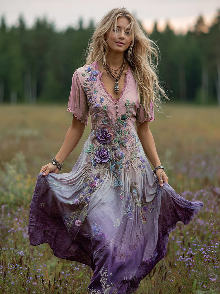 Women's Bohemian Floral Art Gradient Linen Maxi Dress