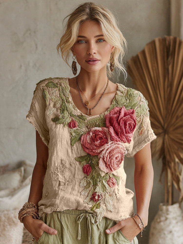 Women's Vintage Floral Art Linen Crew Neck Short Sleeve T-shirt