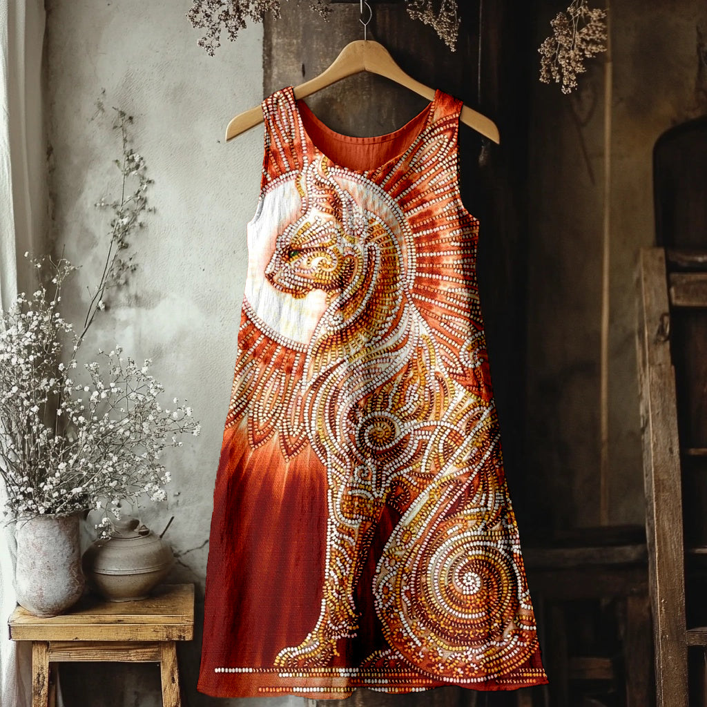 Egyptian Cat Goddess Bast Bead Embroidered Linen Midi Dress
