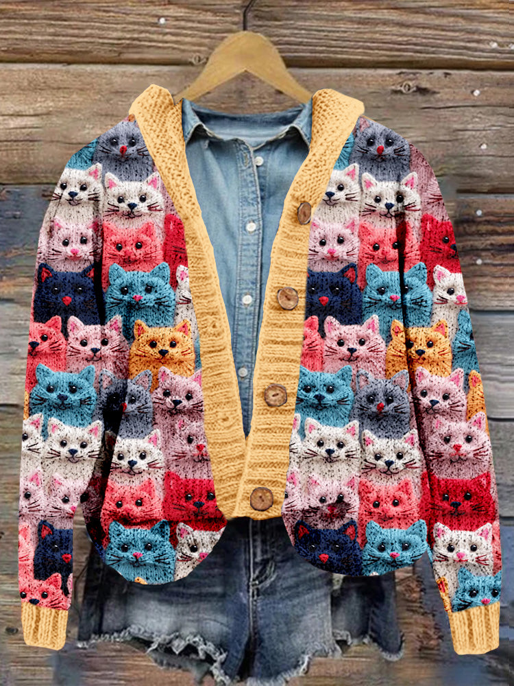 Colorful Cute Cats Embroidered Cozy Hooded Cardigan