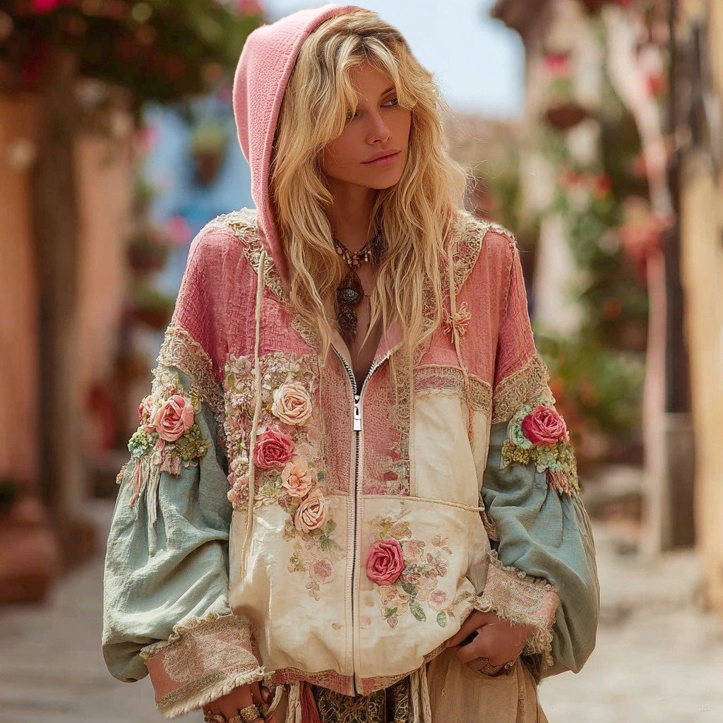 Women's Floral Embroidery Color Block Boho Casual Zip-up Hoodie