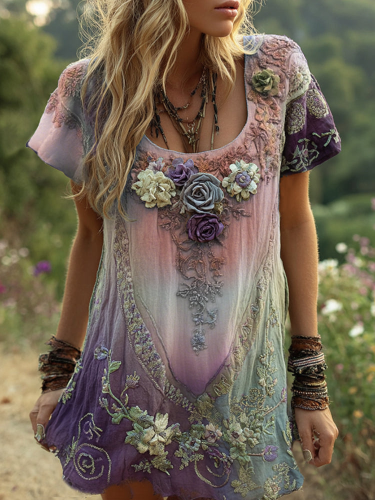 Classy Purple Lavender And Floral Embroidered Linen Short Sleeve T-shirt