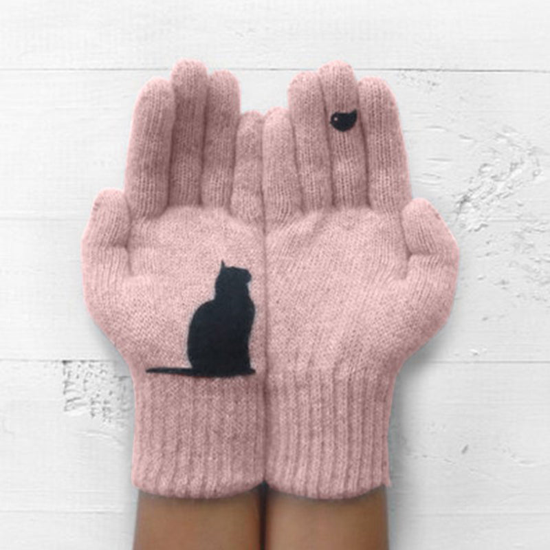 Warm Cat Bird Print Wool Knitted Gloves