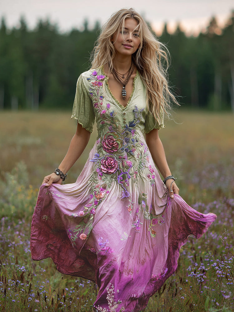 Women's Bohemian Floral Art Gradient Linen Maxi Dress