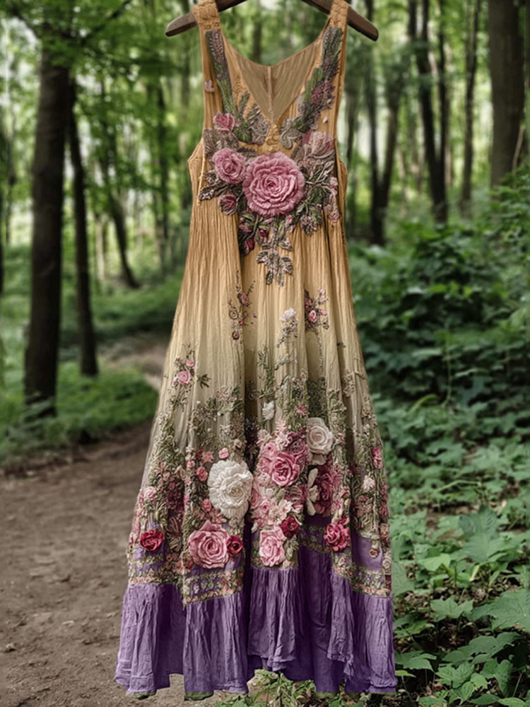 Vintage Classy Boho Gradient Pink Roses Embroidered Linen Maxi Dress
